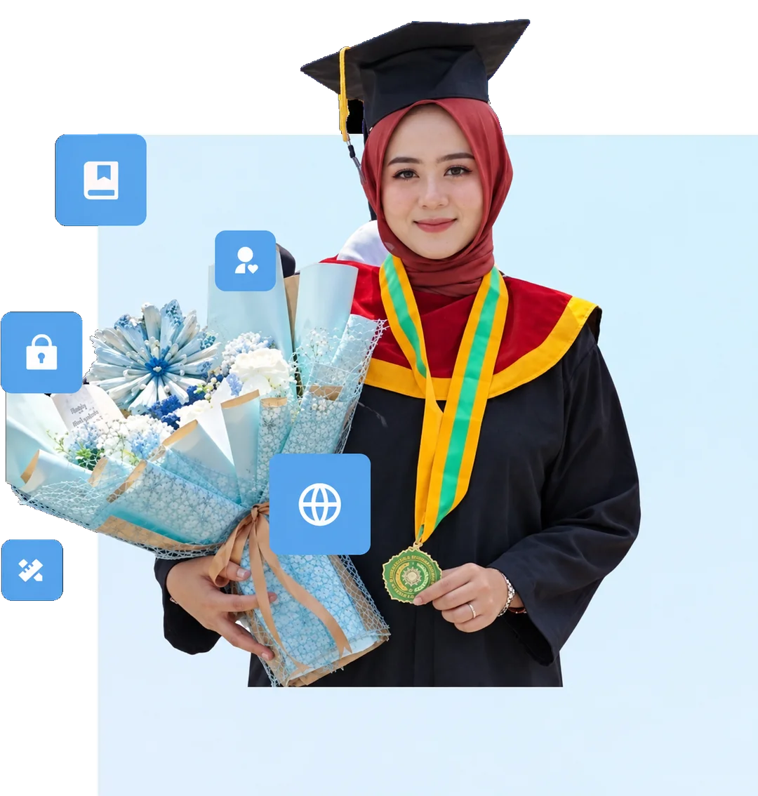 Mahasiswi mengenakan toga sambil memegang buket bunga